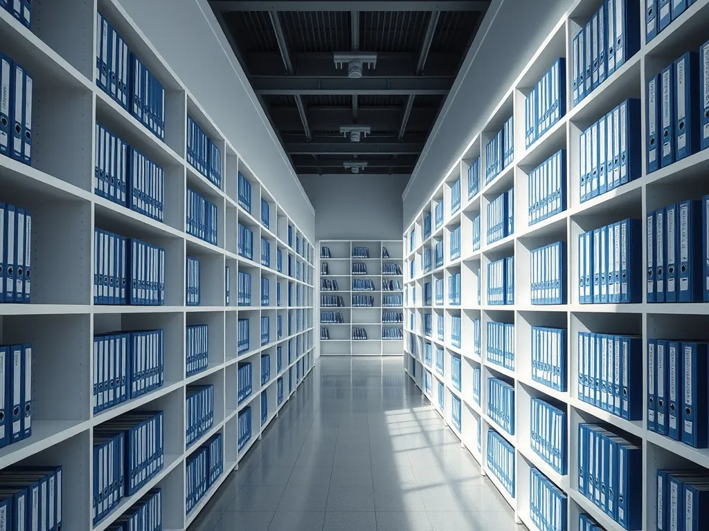 A minimalist modern library with white shelves and blue docu
