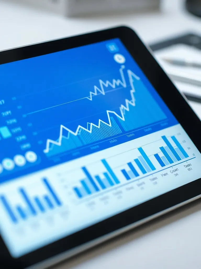 Close up of a digital tablet showing financial growth charts