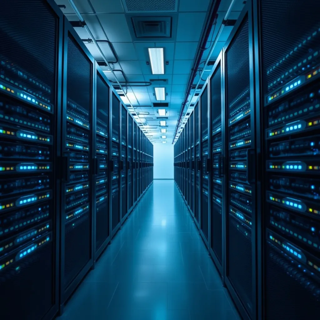 A high-tech data storage center with server racks and blue L