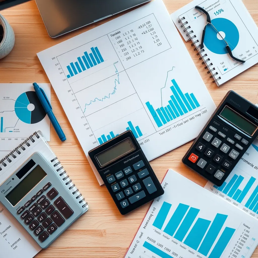 A technical top-down view of a professional desk with a calc